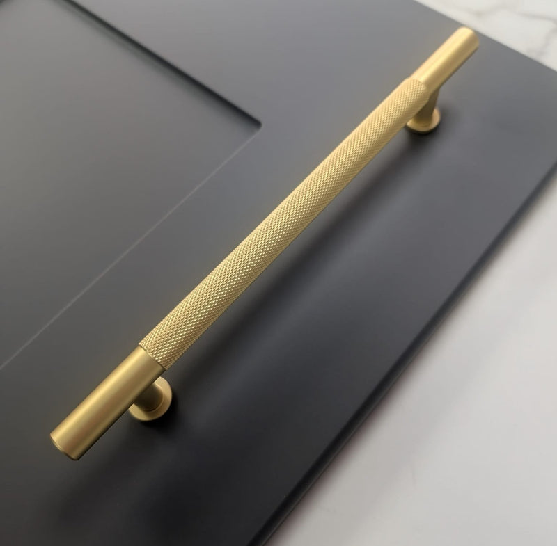 Ellis Knurled T-Bar Kitchen/Bedroom Door Handle Satin Brass - 160mm Centres (214mm Overall Length)