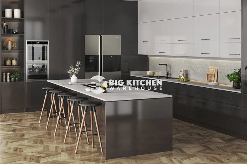 Modern kitchen with dark cabinets, a large gray island and black stools, built-in appliances, herringbone light wood floor, and minimalist decor. Vis Oya Square Edge Laminate Kitchen Worktops add a sleek touch to open shelves displaying plants and kitchenware.