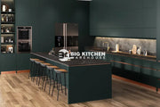 Modern kitchen with a black marble island, tan leather stools, gold faucet, and stylish utensils. Dark cabinets and Vis Samas Square Edge Laminate Kitchen Worktops add a contemporary touch and lasting durability to the space.