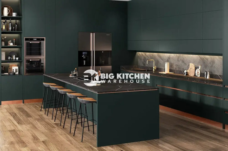 Modern kitchen with a black marble island, tan leather stools, gold faucet, and stylish utensils. Dark cabinets and Vis Samas Square Edge Laminate Kitchen Worktops add a contemporary touch and lasting durability to the space.