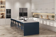 Modern kitchen with white cabinets, a large blue island with Vis Uma Square Edge Laminate Kitchen Worktops and marble countertop, bar stools, built-in appliances, open shelving, under-cabinet lighting, herringbone wood flooring, and a sleek minimalist design.