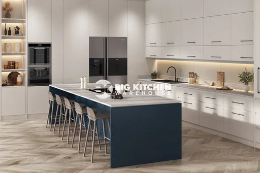 Modern kitchen with white cabinets, a large blue island with Vis Uma Square Edge Laminate Kitchen Worktops and marble countertop, bar stools, built-in appliances, open shelving, under-cabinet lighting, herringbone wood flooring, and a sleek minimalist design.